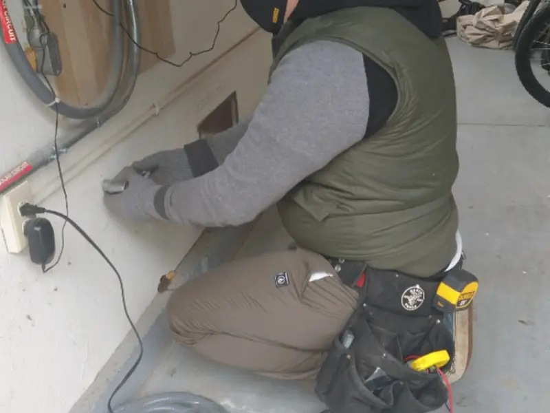 Electrician performing outlet wiring in a Gun Barrel City garage
